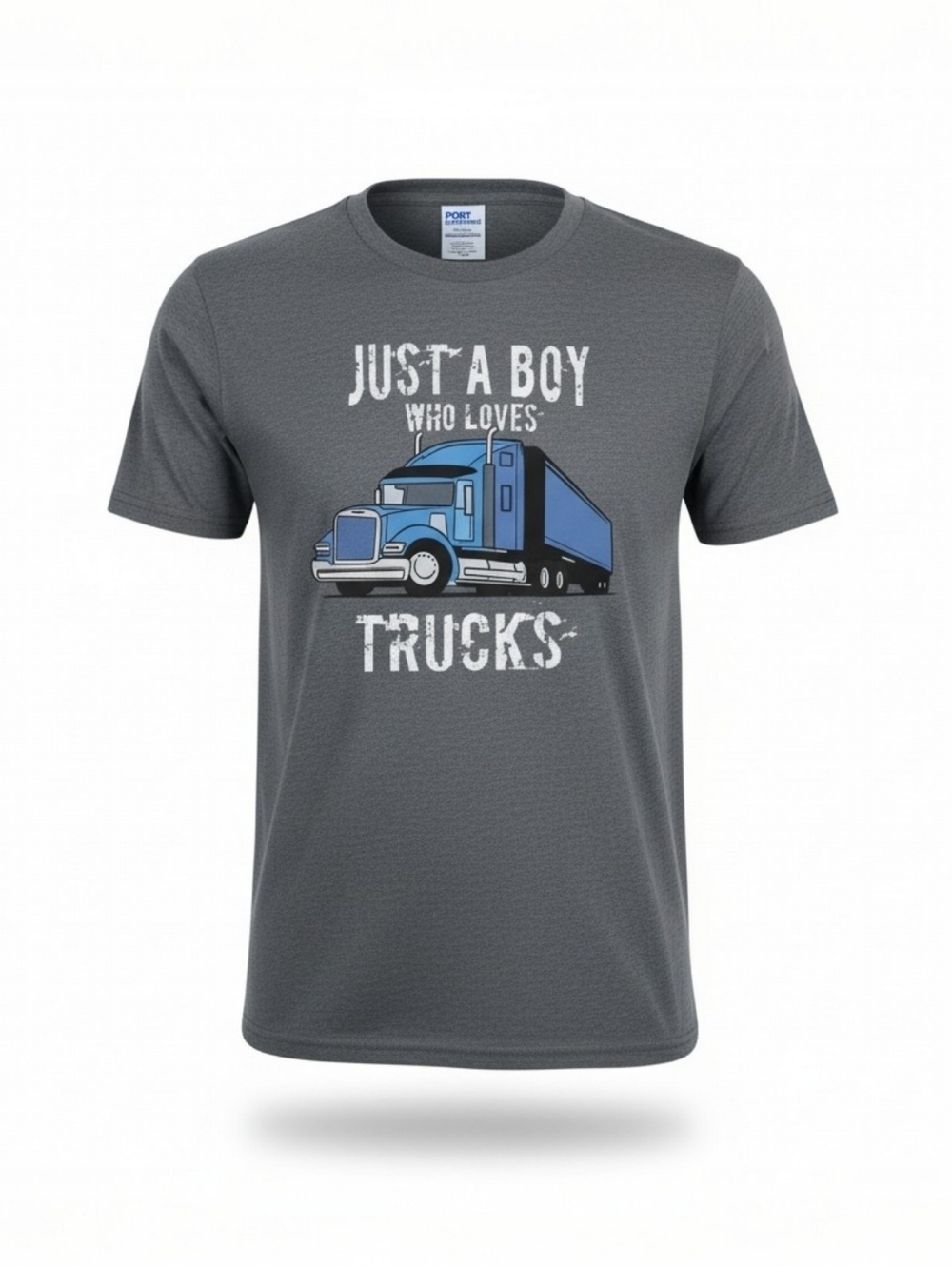 Port & Company Large Blue Grey Just A Boy Who Loves Trucks T-shirt